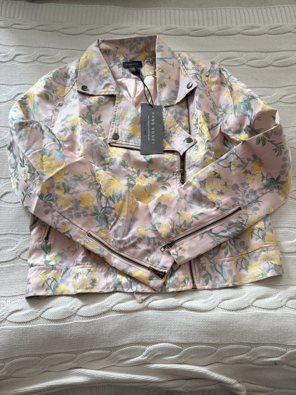 Sans Souci Pink Floral Brocade Jacket with Yellow & Green Print Size L NWT
